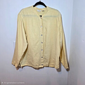 J. Jill 100% Linen Pintuck Button Up Tunic Blouse Top Butter Yellow Size XL